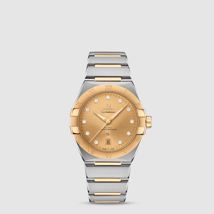 오메가 컨스텔레이션 코‑액시얼 마스터 크로노미터 39MM 스틸 옐로우 골드 샴페인 다이아몬드 다이얼