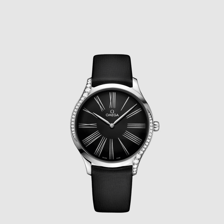 오메가 드 빌 트레저 쿼츠 39 MM 블랙 다이얼 패브릭 스트랩