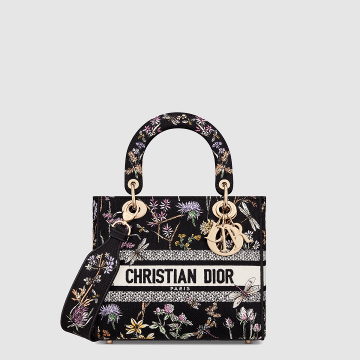 디올 미디엄 Lady D Lite 백 블랙 멀티 컬러 Dior Herbarium 자수