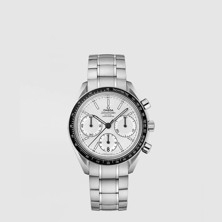 오메가 스피드마스터 레이싱 코 액시얼 크로노미터 크로노그래프 40 MM 실버&화이트